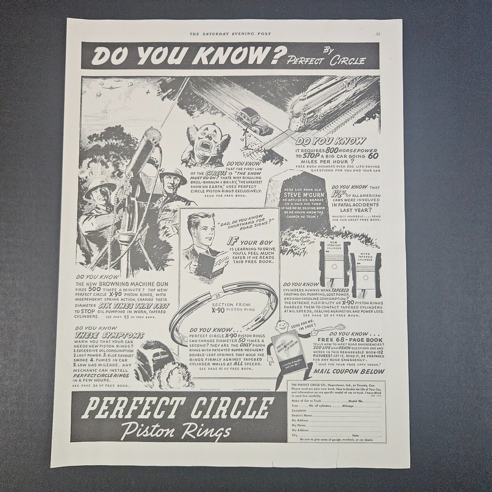 1938 Perfect Circle Piston Rings Vintage Print Ad Soldiers Clown Train Cars Shop